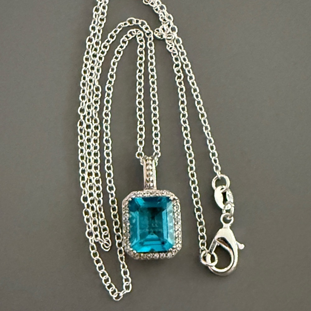 Signed Mc Solid Sterling Silver Blue Clear Cz Pen… - image 2